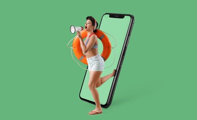 Big mobile phone, running pin-up lifeguard with ring buoy shouting into megaphone on green background