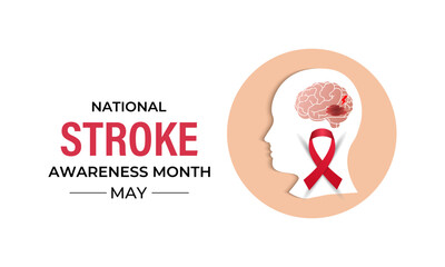Vector illustration of National Stroke awareness month is May. Holiday concept. A stroke occurs when blood flow to the brain is interrupted. Brain and man head with Realistic red ribbon banner design.