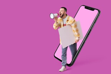 Young man with poster shouting into megaphone and big mobile phone on violet background. Banner for design
