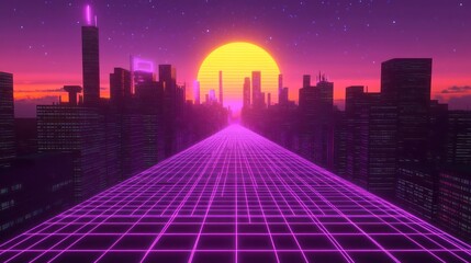 A vibrant and futuristic cityscape glowing at sunset with road