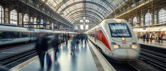 Busy Urban Railway Station with High-Speed Trains and Commuters Walking, Milan