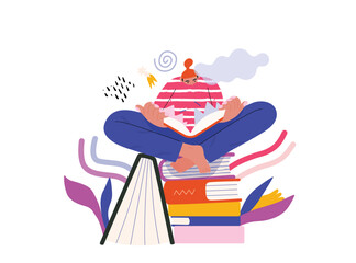 Life Unframed: Book universe -modern flat vector concept illustration of a reader on stack of books. Metaphor of unpredictability, imagination, whimsy, cycle of existence, play, growth and discovery
