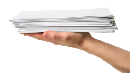 Office worker holding stack of papers with transparent background