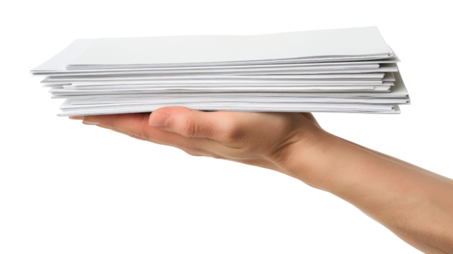 Office worker holding stack of papers with transparent background