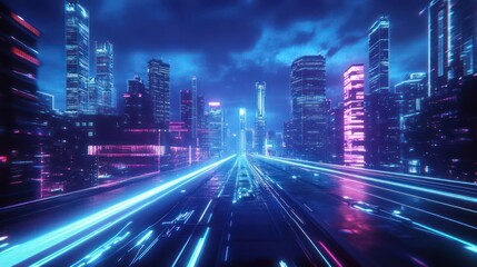 Fototapeta premium A futuristic cityscape with neon lights and speeding light trails