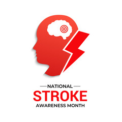 Vector illustration of National Stroke awareness month is May. Holiday concept. A stroke occurs when blood flow to the brain is interrupted. Brain and man head with Realistic red ribbon banner design.