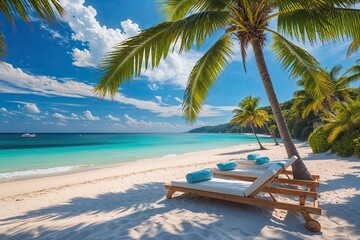 Breezy Coastal Paradise with Sunlit Sands, Azure Skies, and Palm Fronds for a Perfect Summer Escape