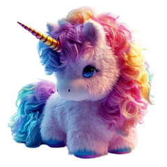 Stuffed Fluffy 3D Cartoon Unicorn with Rainbow Mane Isolated on Transparent Background