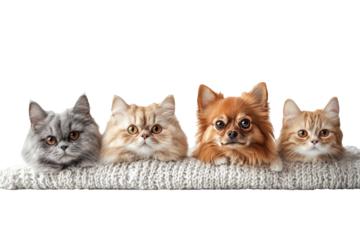 Adorable Cats and Dog Lined Up on Cozy Blanket in Studio Setting