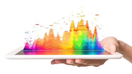 Hand holding tablet showing colorful growing graph with transparent background