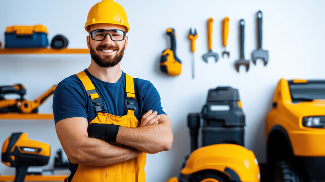 construction worker smiling confidently in workshop with tools