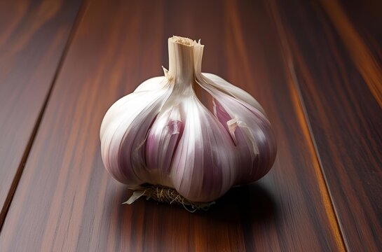 A close-up of a garlic on wooden table