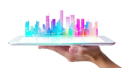 Hand holding tablet showing growing skyline with upward trending line graph on transparent background