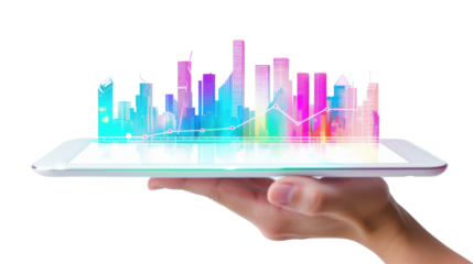 Hand holding tablet showing growing skyline with upward trending line graph on transparent background