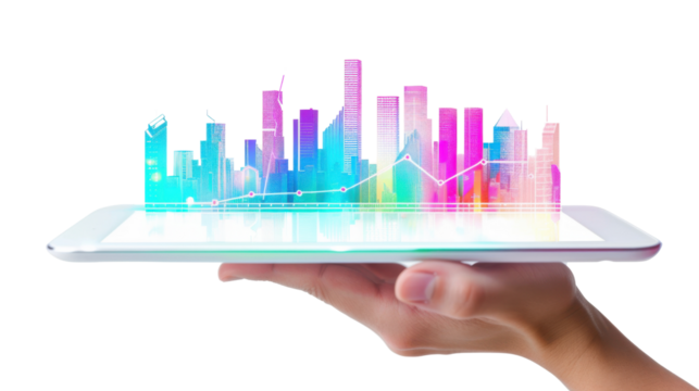 Hand holding tablet showing growing skyline with upward trending line graph on transparent background