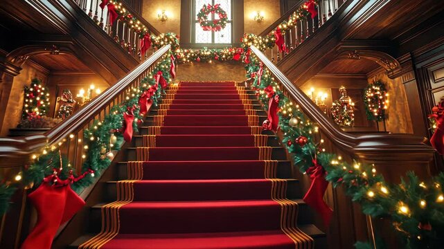 Festive grand staircase decorated with glowing christmas lights and ornaments