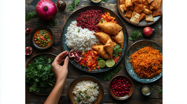 A flat lay captures a colourful Indian feast. Plates overflow with rice, samosas, and vibrant vegetables.