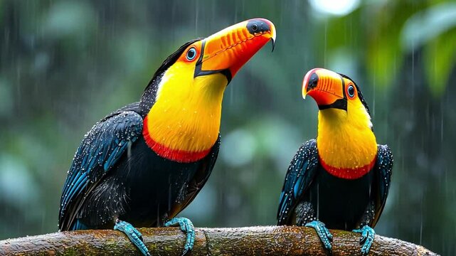 This Two colorful toucans sit on a branch, surrounded by greenery in a rainforest during light rain.