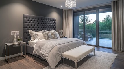 Obraz premium A modern luxury bedroom with a charcoal grey tufted headboard, layered white and silver bedding, and soft grey walls