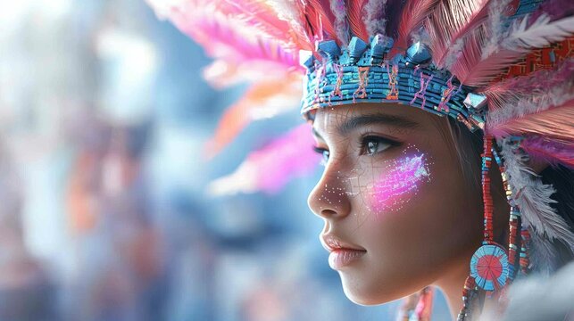 Modern Indigenous Warrior with Neon Face Paint and Feathered Headdress Blending Tribal Heritage with Futuristic Sci-Fi Aesthetics