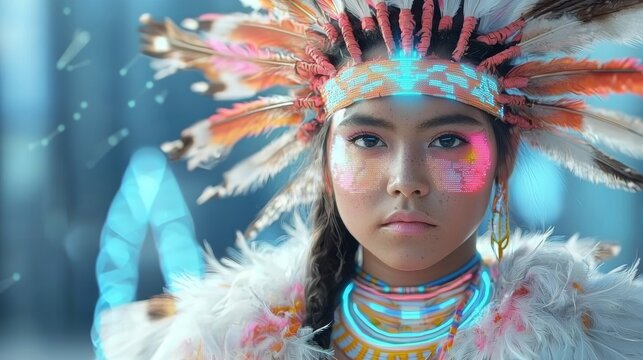 Modern Indigenous Warrior with Neon Face Paint and Feathered Headdress Blending Tribal Heritage with Futuristic Sci-Fi Aesthetics