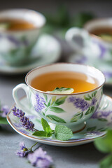 herbal tea served in porcelain teacup decorated with lavender pattern on soft pastel tones placed beside fresh mint leaf delicate floral details calming cozy drink