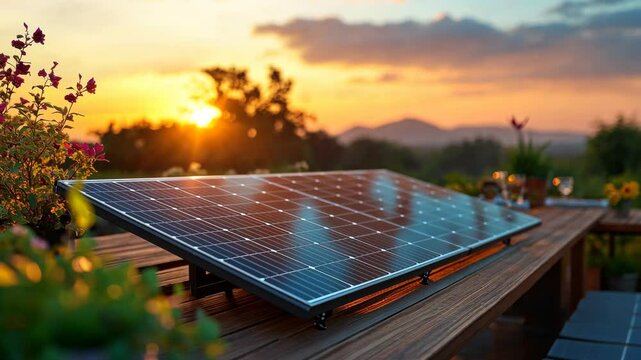 Solar panels harnessing sunset energy in scenic outdoor garden setting