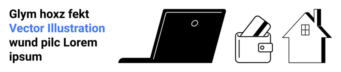 Laptop beside wallet with credit cards and a house. Ideal for digital payments, online shopping, e-commerce, financial transactions, home buying, real estate services, landing page