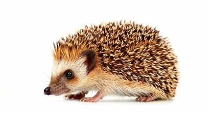 Fototapeta premium A young hedgehog with a curious expression, exploring its surroundings against a white background.