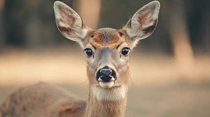 Obraz premium A close-up of a deer showcasing its expressive eyes and alert ears, set against a softly blurred natural background.