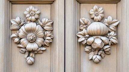A stunning antique door showcasing intricate carvings, its weathered texture adds charm against a clean background.