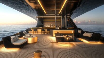 A modern superyacht deck with a high-end bar and lounge, showcasing a minimalist yet luxurious design