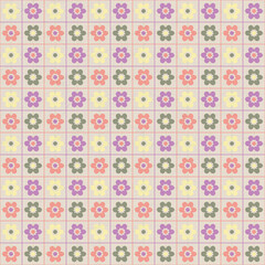 Pastel checkerboard floral seamless pattern with cute square tiles, soft textured background ideal for baby textiles, wrapping, and retro craft projects.