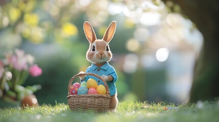 cute Easter bunny in a blue shirt holding an Easter basket with colorful eggs, standing on the grass, blurred background of a garden, natural lighting