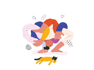 Life Unframed: Yoga -modern flat vector concept illustration of man tied himself in knot, doing yoga. Metaphor of unpredictability, imagination, whimsy, cycle of existence, play, growth and discovery