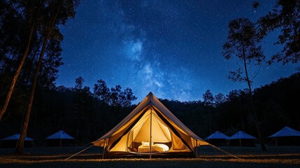 Illuminated glamping tent under starry night sky