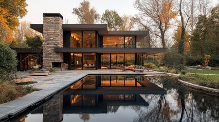 Obraz premium Modern luxury home with infinity pool at dusk.