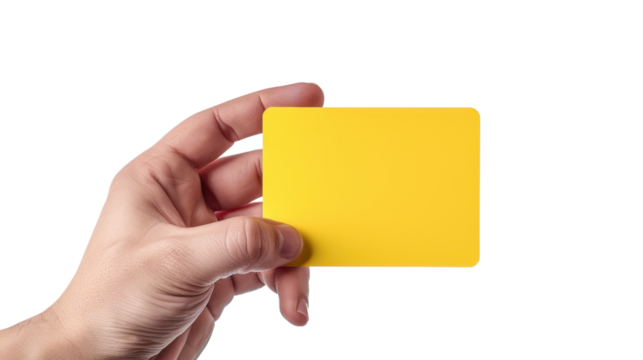 Hand holding yellow card with transparent background