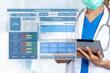 Blank medical record screen interface with female doctor holding digital tablet in hands.