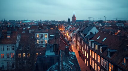 Obraz premium An elevated view of a European city at twilight
