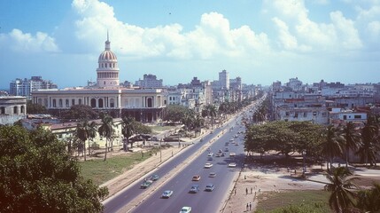 Elevated view of a city street with cars and large buildings
