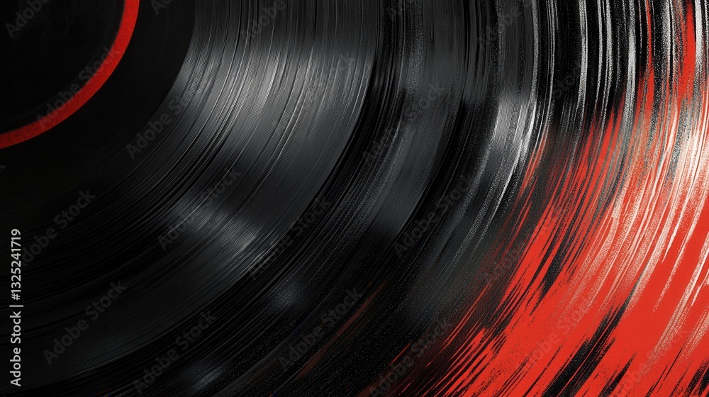 Poster Vinyl record texture featuring black and red soundwave ripples with a golden ratio peak for retro-modern design