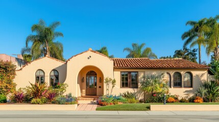A quaint Florida home with soft beige stucco walls and a clay tile roof, set against a backdrop of clear blue skies