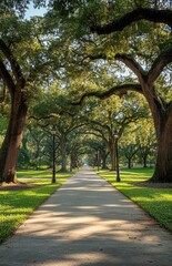 Obraz premium Tranquil Pathway Surrounded by Majestic Oak Trees in a Lush Green Park on a Sunny Day