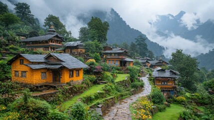 Misty mountain village with traditional houses.