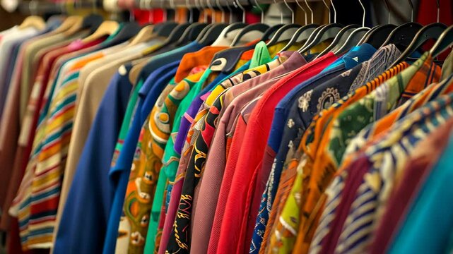 A close up view of various colorful clothes displayed in a second hand clothing shop, Ai Generated