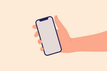 Hand holding phone. Hand holding bezel-less smartphone in flat style
