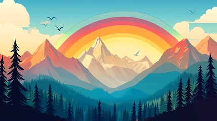 Mountain Landscape With Vibrant Rainbow Arch Above Serene Valley and Towering Peaks at Sunset