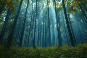 Fototapeta premium dense forest filled with a mysterious atmosphere. Tall, slender trees with dark trunks create a sense of depth, and soft rays of sunlight penetrate through their dense foliage, 