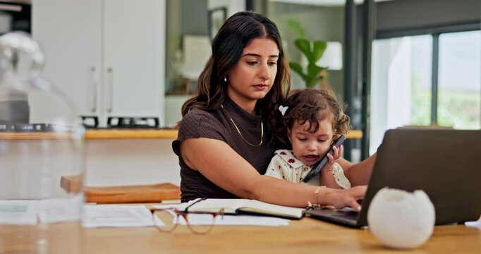 Remote work from home, baby and mama with pc, internet and tech with typing in living room. Apartment, family and parent with kid on lap, laptop and connection with multitasking, email and deadline